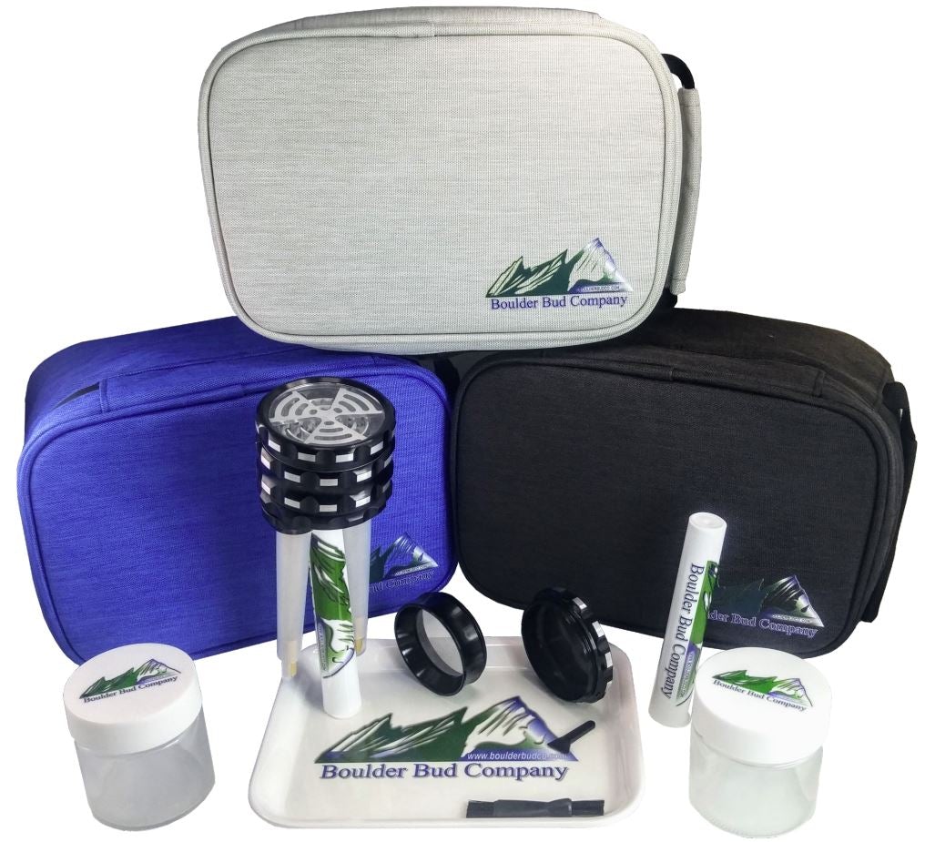 Gray Smell Proof Bag with Combination Lock Odor Proof Stash with Free Grinder, Tube Filler, Tubes, Jars & Tray