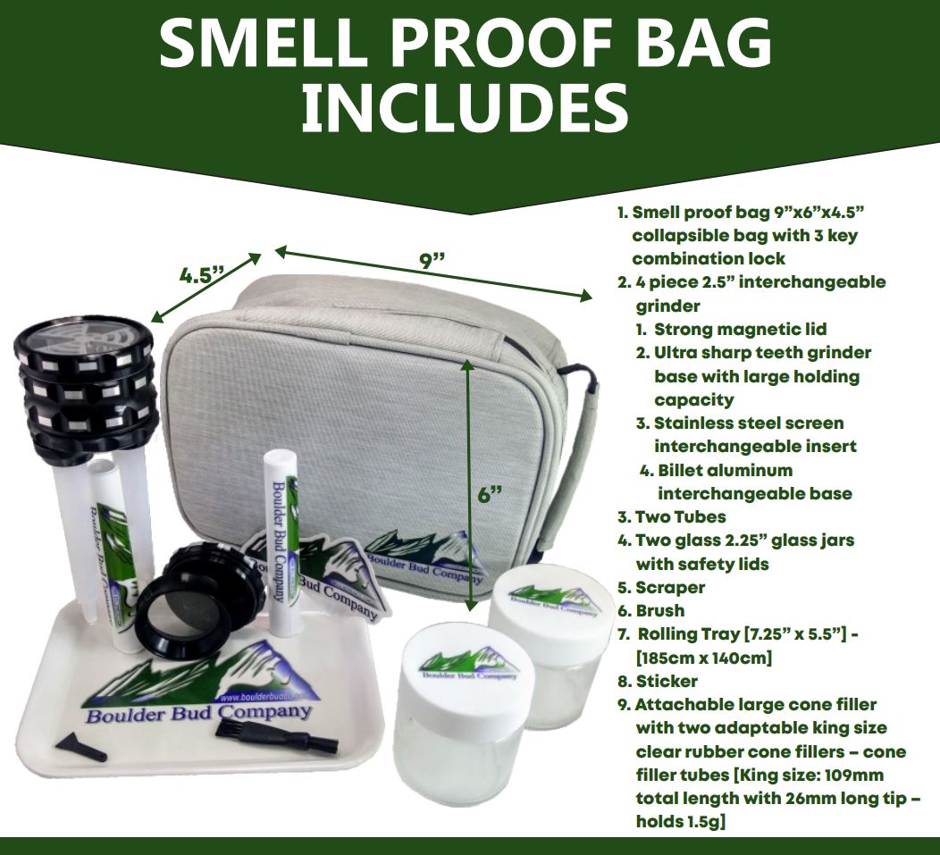 Blue Smell Proof Bag with Combination Lock Odor Proof Stash with Free Grinder, Tube Filler, Tubes, Jars & Tray