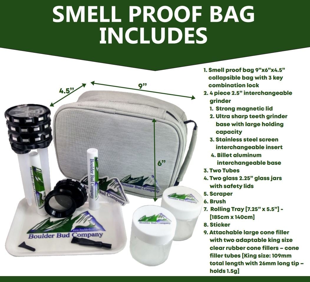 Black Smell Proof Bag with Combination Lock Odor Proof Stash with Free Grinder, Tube Filler, Tubes, Jars & Tray