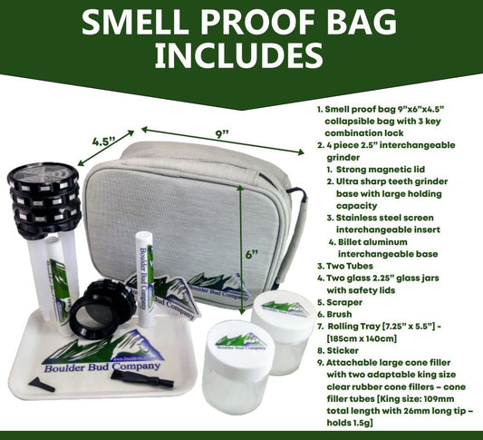 Gray Smell Proof Bag with Combination Lock Odor Proof Stash with Free Grinder, Tube Filler, Tubes, Jars & Tray