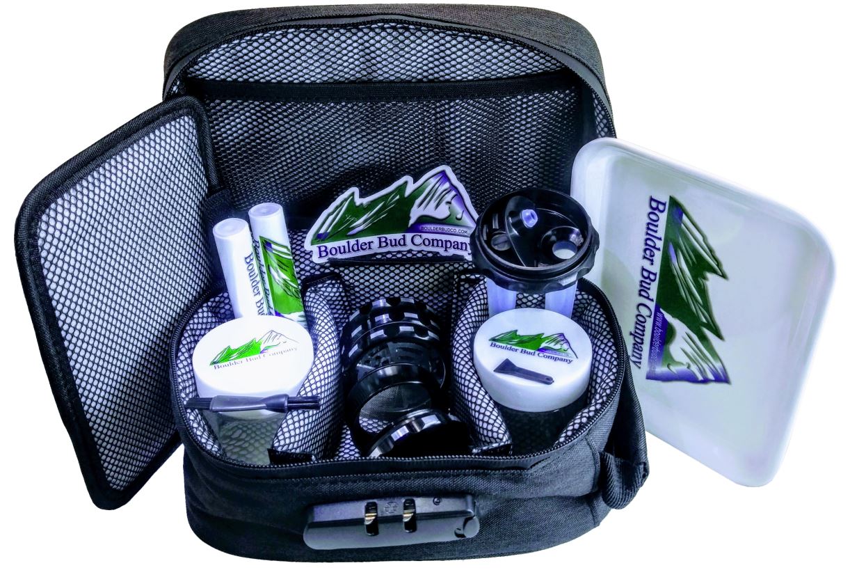 Black Smell Proof Bag with Combination Lock Odor Proof Stash with Free Grinder, Tube Filler, Tubes, Jars & Tray