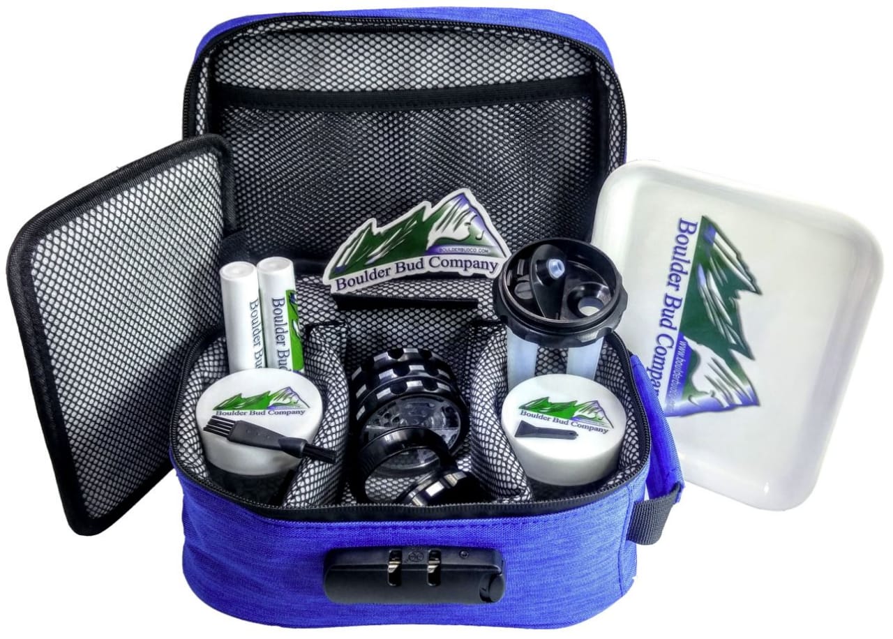 Blue Smell Proof Bag with Combination Lock Odor Proof Stash with Free Grinder, Tube Filler, Tubes, Jars & Tray