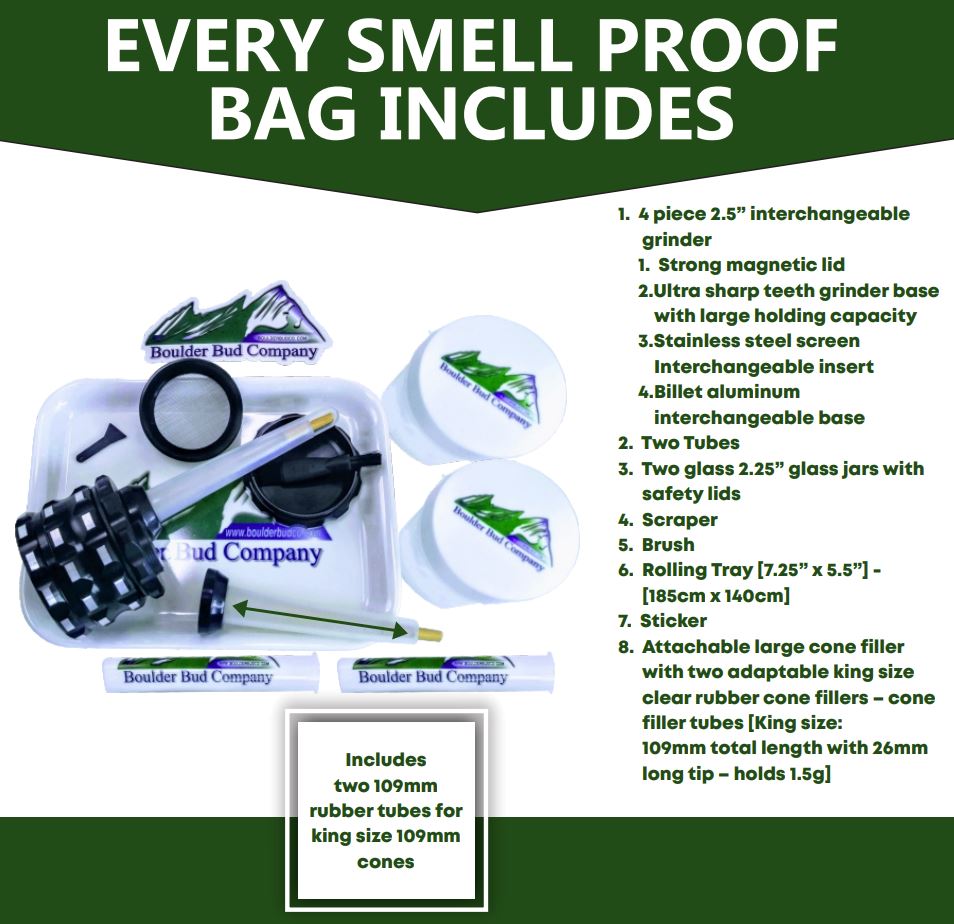 Blue Smell Proof Bag with Combination Lock Odor Proof Stash with Free Grinder, Tube Filler, Tubes, Jars & Tray