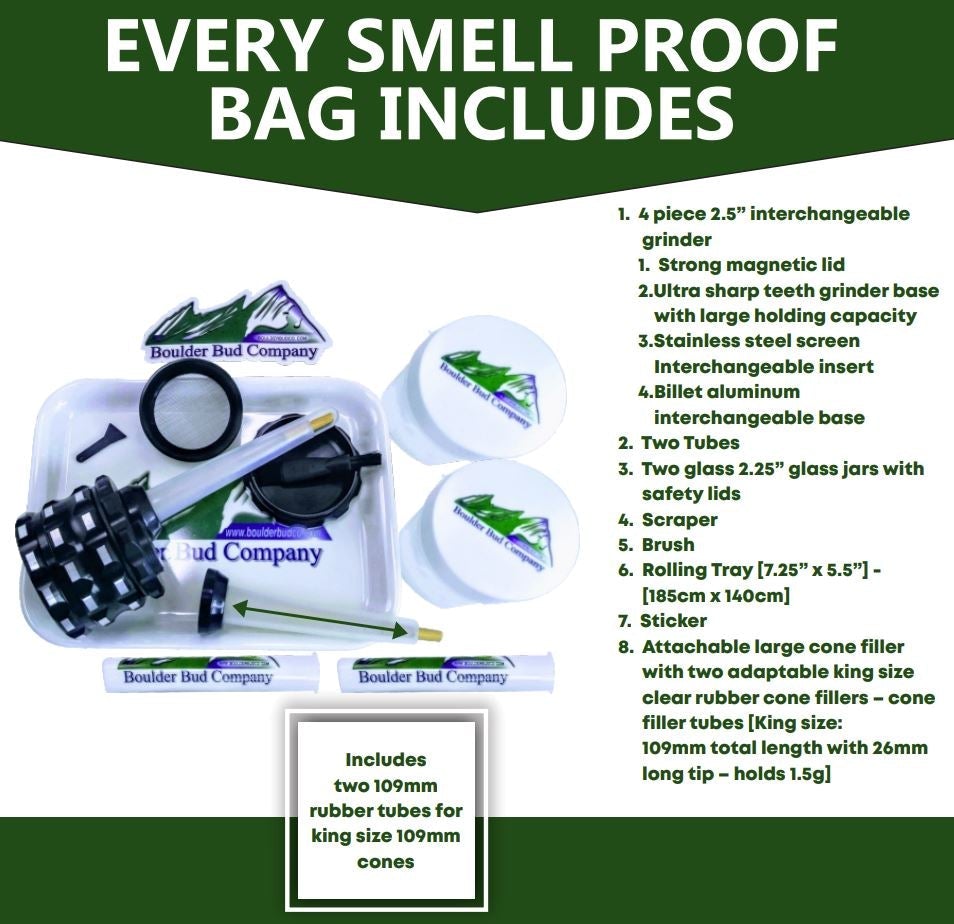 Black Smell Proof Bag with Combination Lock Odor Proof Stash with Free Grinder, Tube Filler, Tubes, Jars & Tray