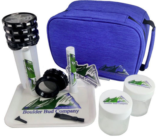 Blue Smell Proof Bag with Combination Lock Odor Proof Stash with Free Grinder, Tube Filler, Tubes, Jars & Tray